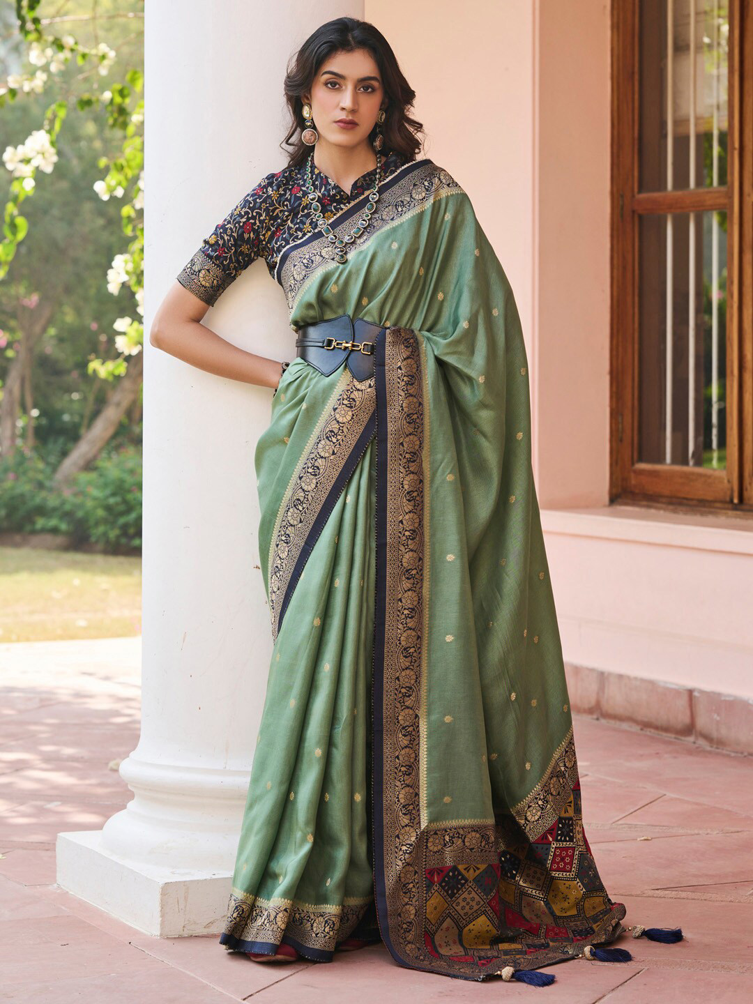 

Mitera Ethnic Motifs Woven Design Banarasi Saree, Sea green