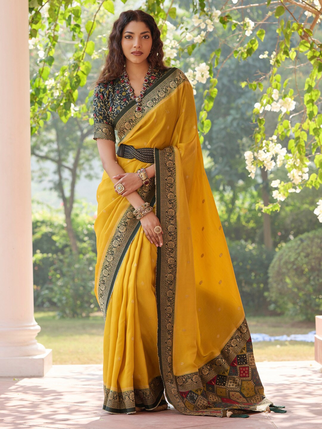 

Mitera Ethnic Motifs Zari Banarasi Saree with Tassels, Yellow