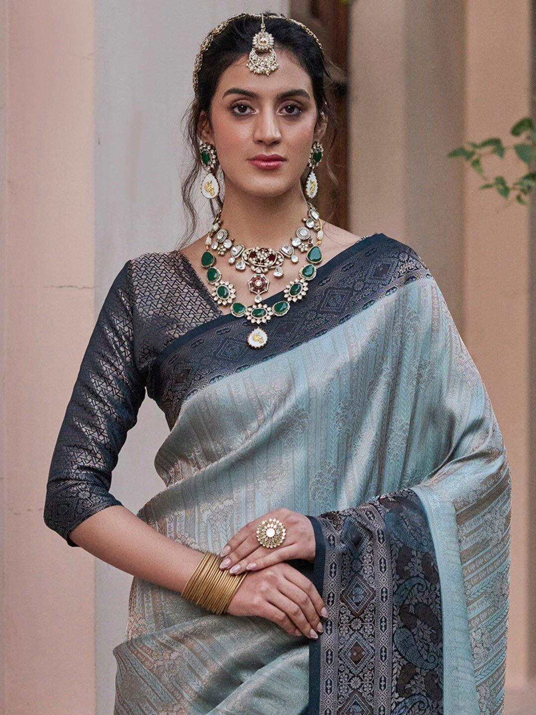 

Mitera Ethnic Motifs Zari Banarasi Saree with Tassels, Blue