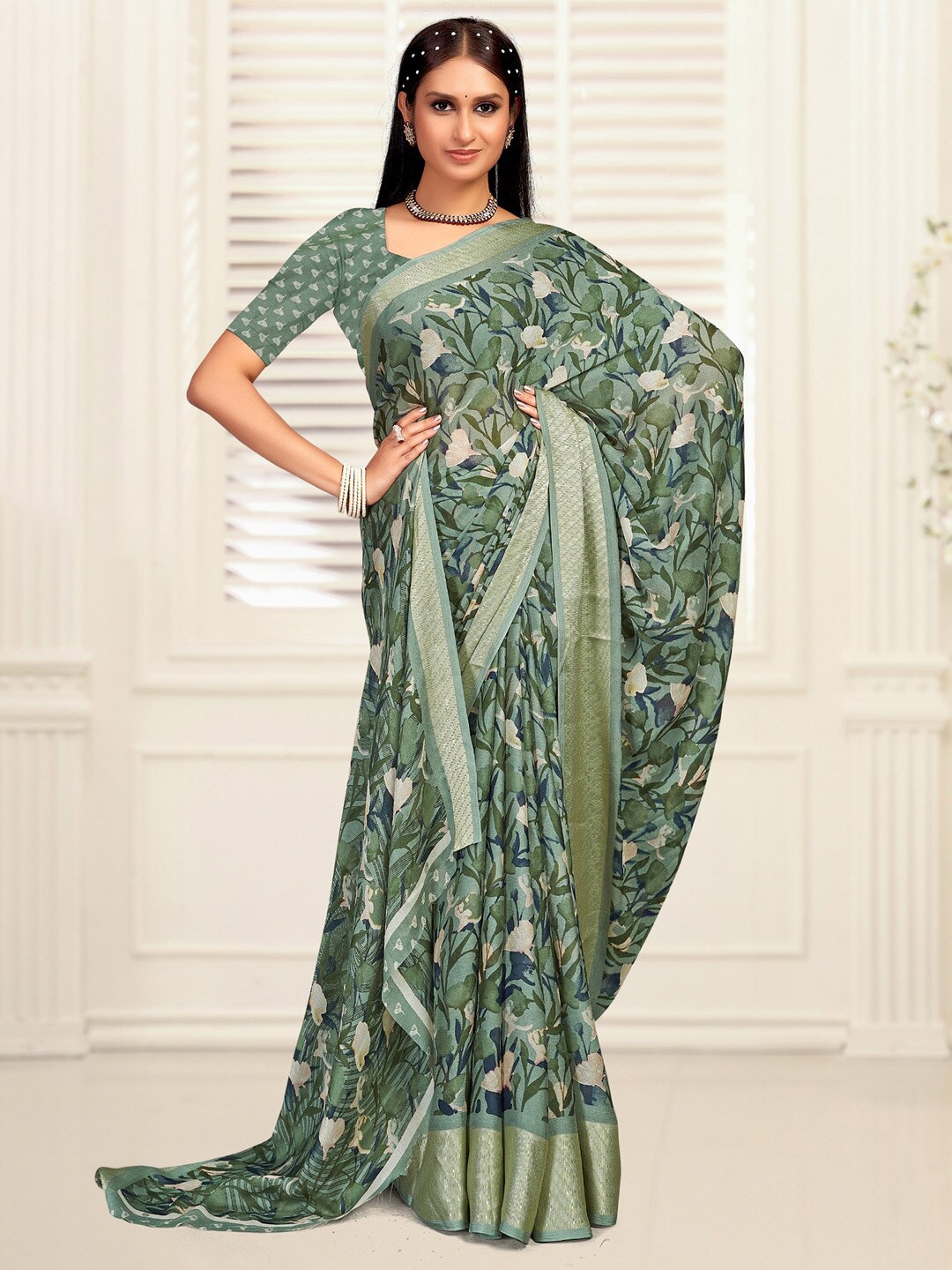 

Mitera Floral Zari Printed Sungudi Saree, Sea green