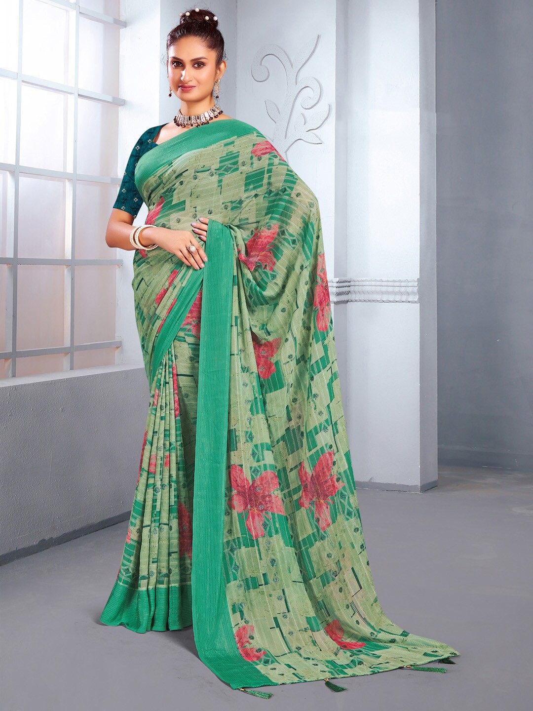 

Mitera Abstract Printed Pure Georgette Dabu Saree, Sea green