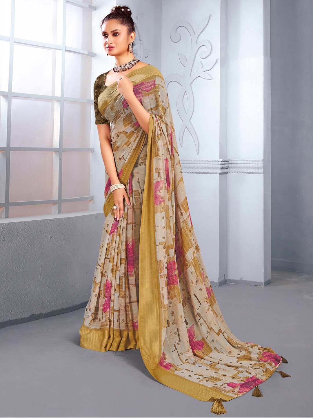 

Mitera Pure Georgette Dabu Saree with Tassels, Olive