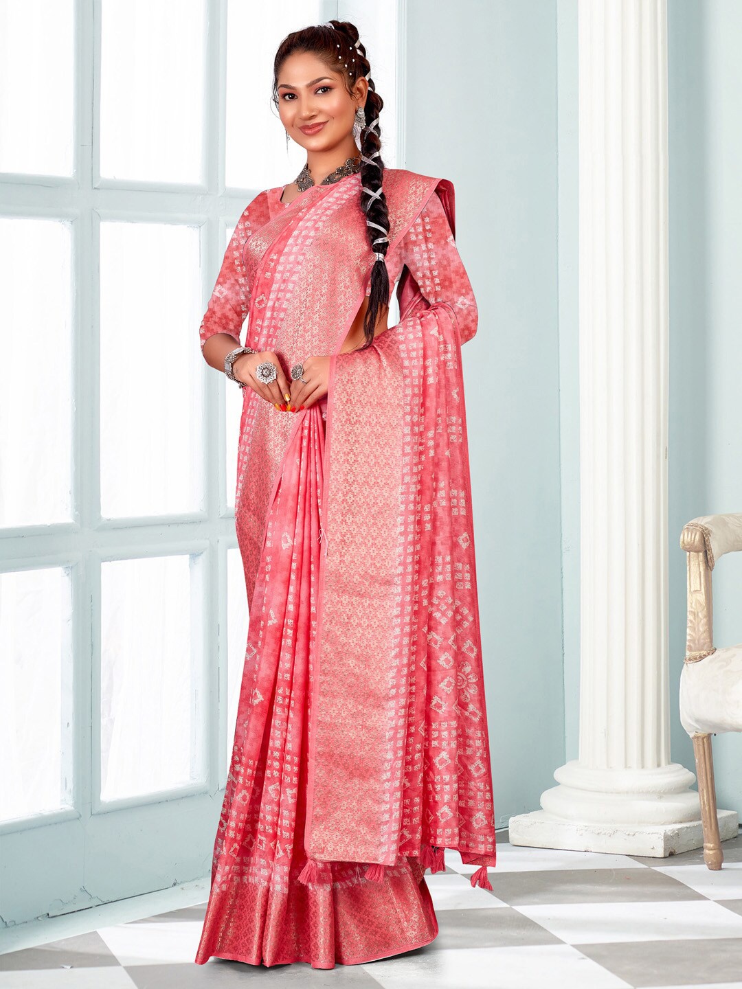 

Mitera Pink Ethnic Motifs Zari Jute Silk Sungudi Saree