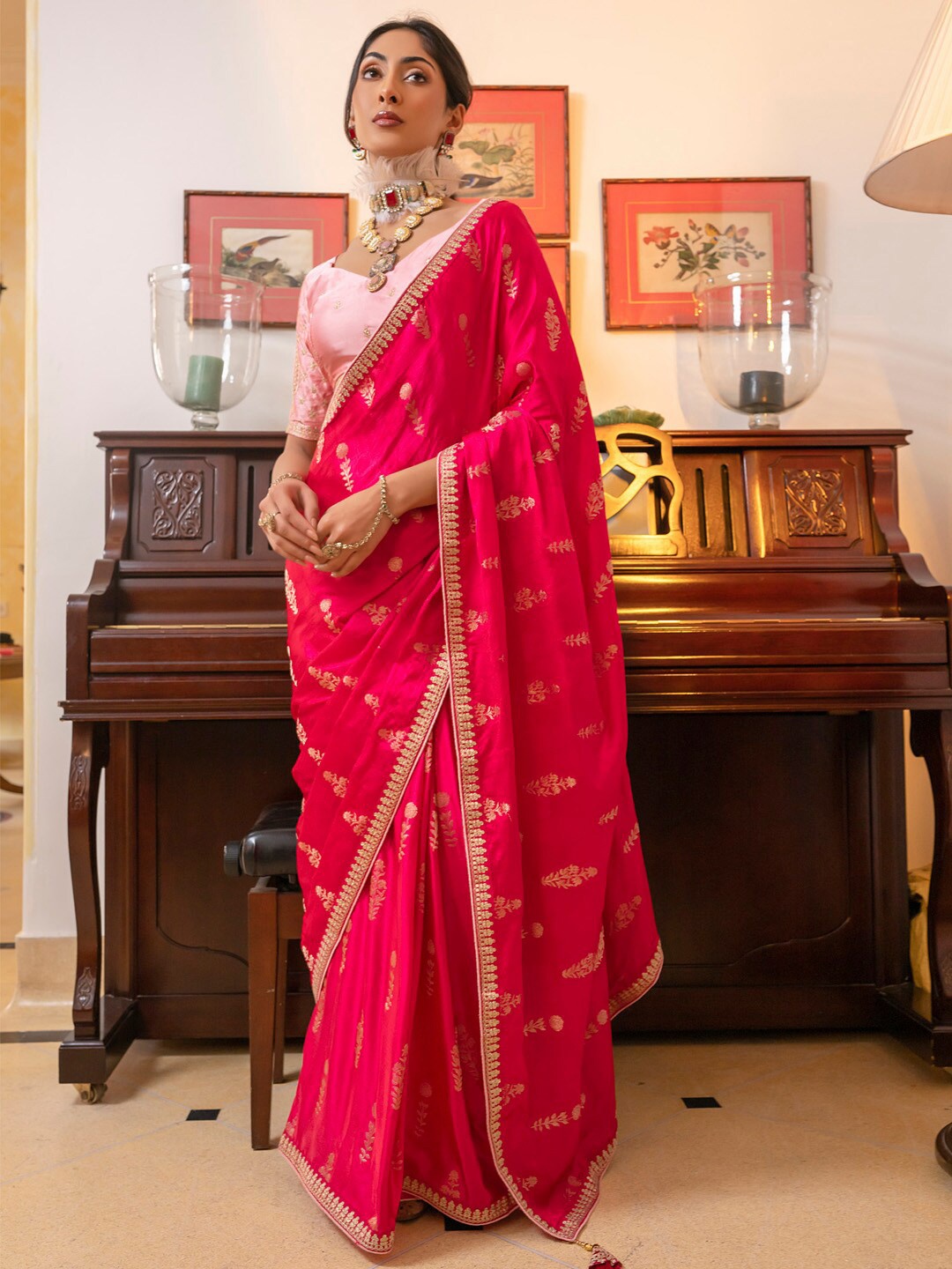 

Mitera Floral Woven Design Embellished Saree, Pink