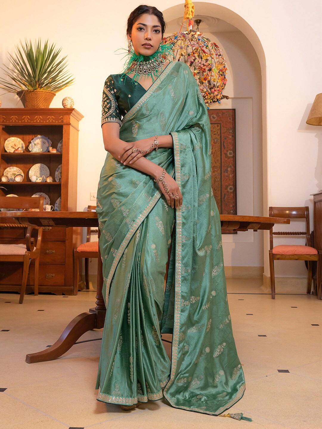 

Mitera Floral Woven Design Embellished Saree, Sea green