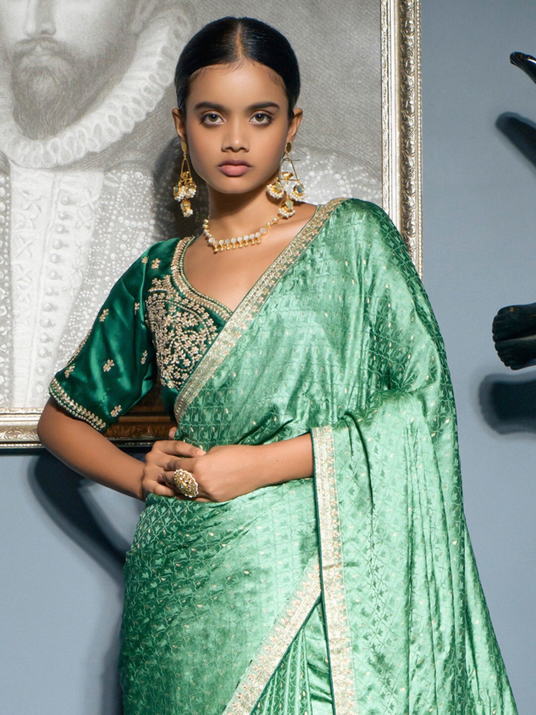 

Mitera Geometric Woven Design Embroidered Satin Saree, Sea green