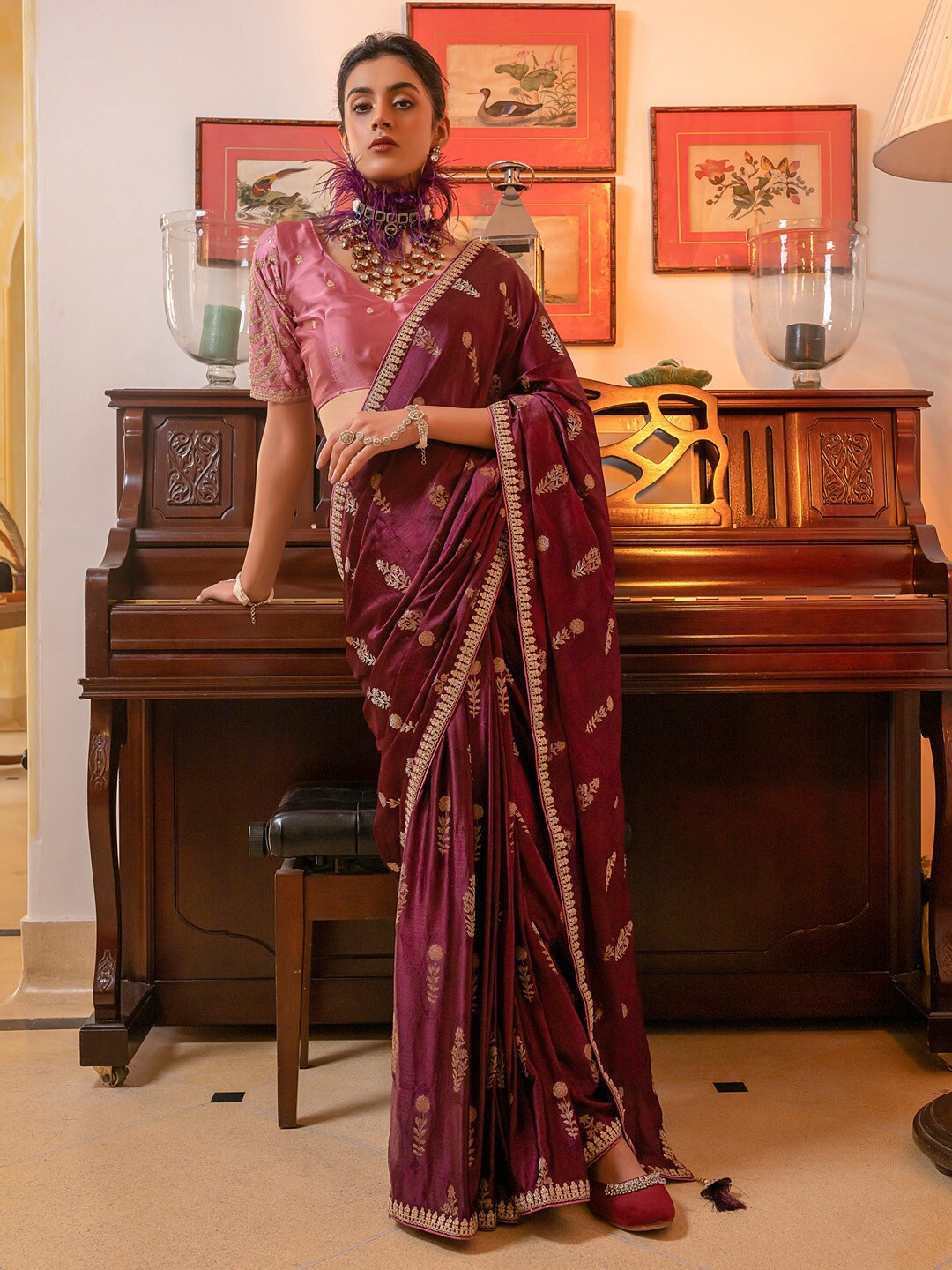 

Mitera Ethnic Motifs Gotta Patti Embellished Saree, Magenta