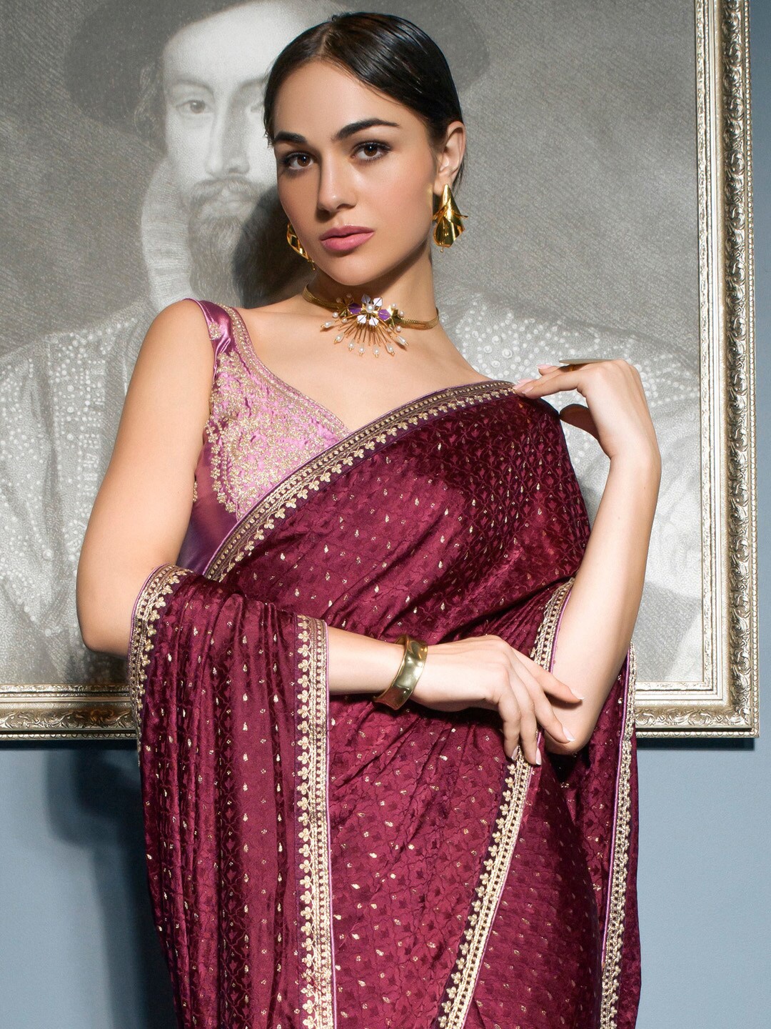 

Mitera Ethnic Motifs Woven Design Embroidered Satin Saree, Maroon