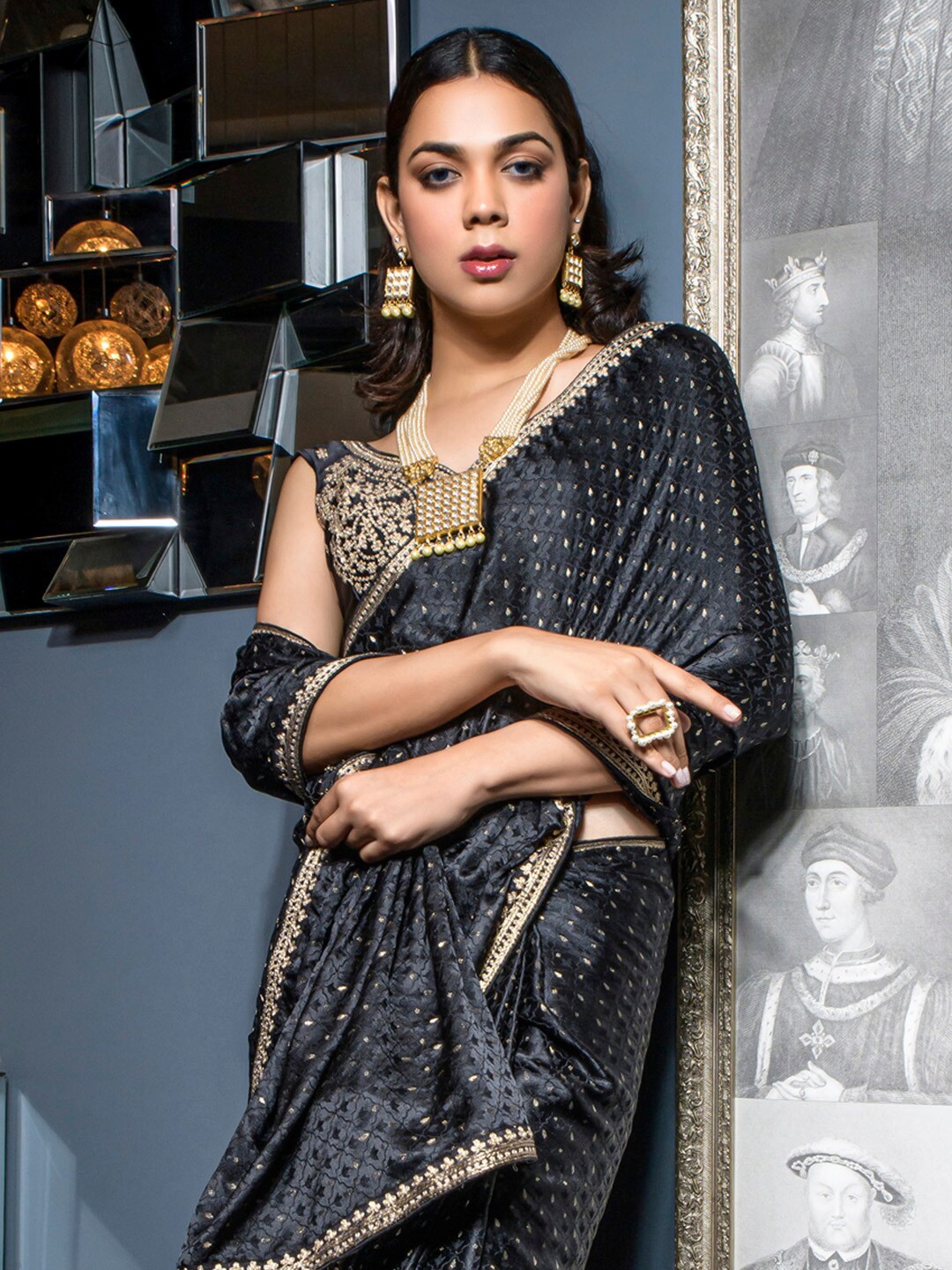 

Mitera Geometric Woven Design Embroidered Satin Saree, Black