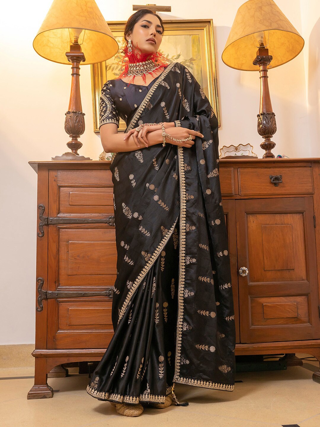 

Mitera Floral Sequinned Embellished Saree, Black