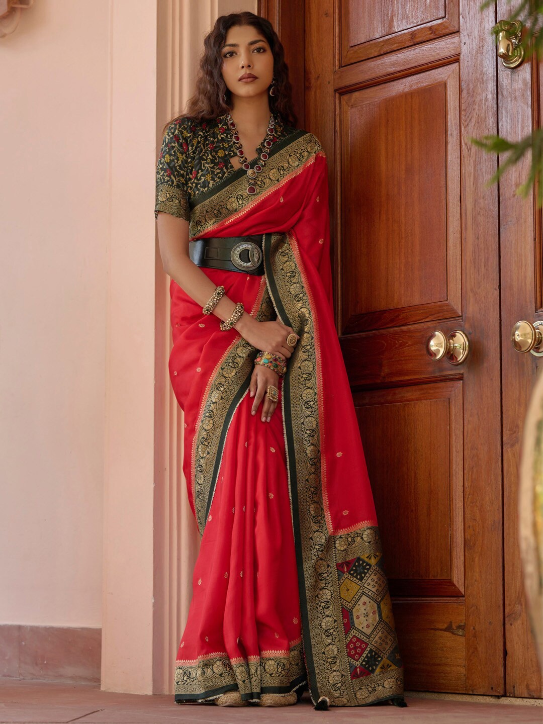 

Mitera Red & Black Woven Design Zari Banarasi Saree
