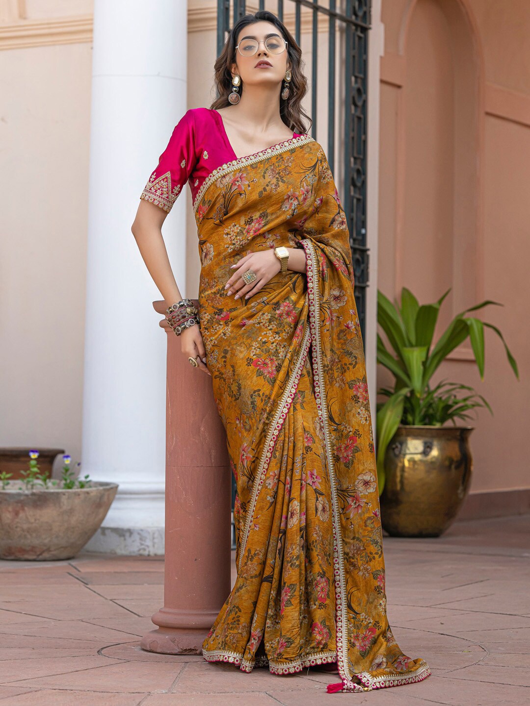 

Mitera Floral Printed Embroidered Saree, Mustard