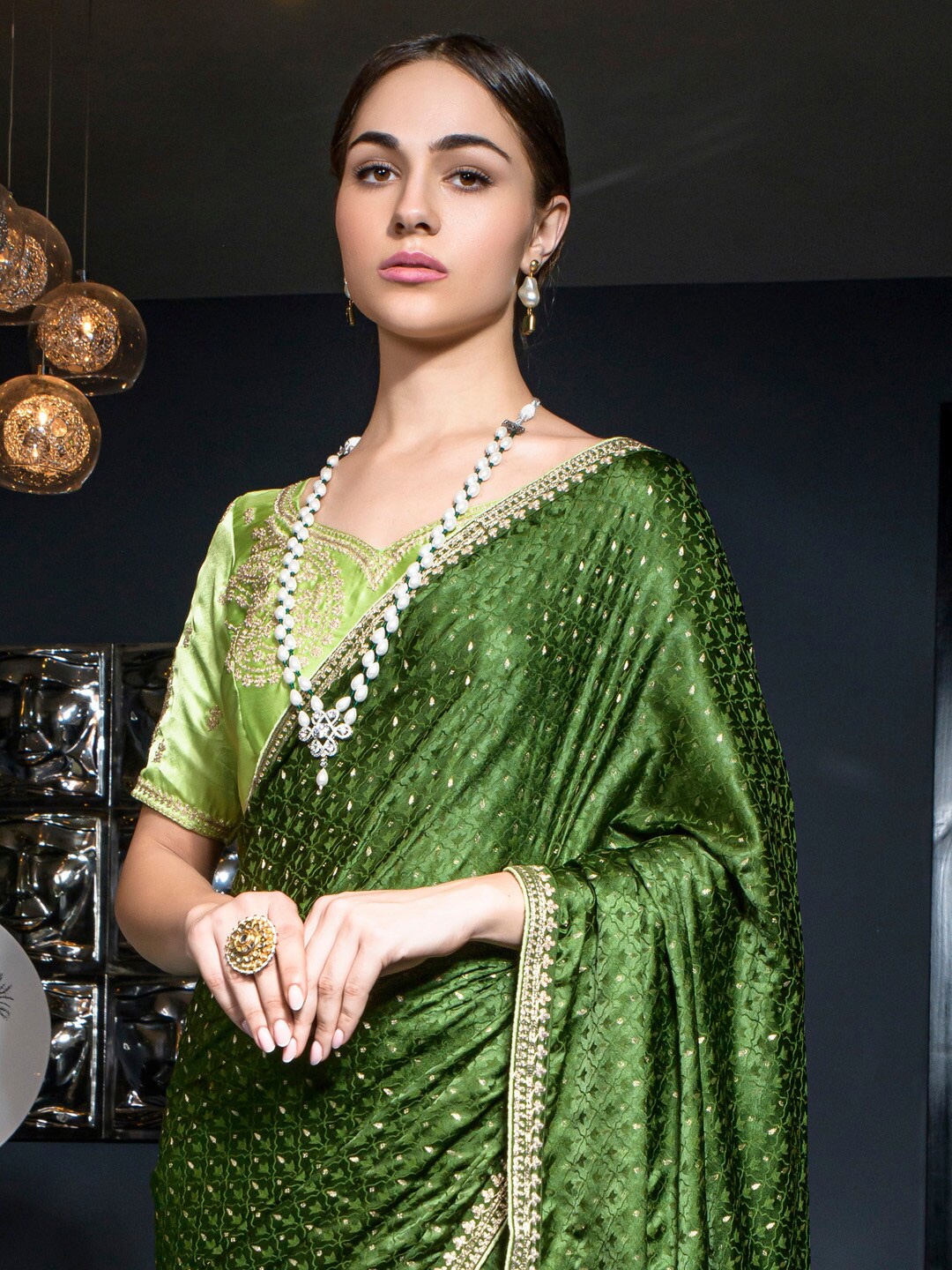 

Mitera Ethnic Motifs Sequinned Satin Saree, Green