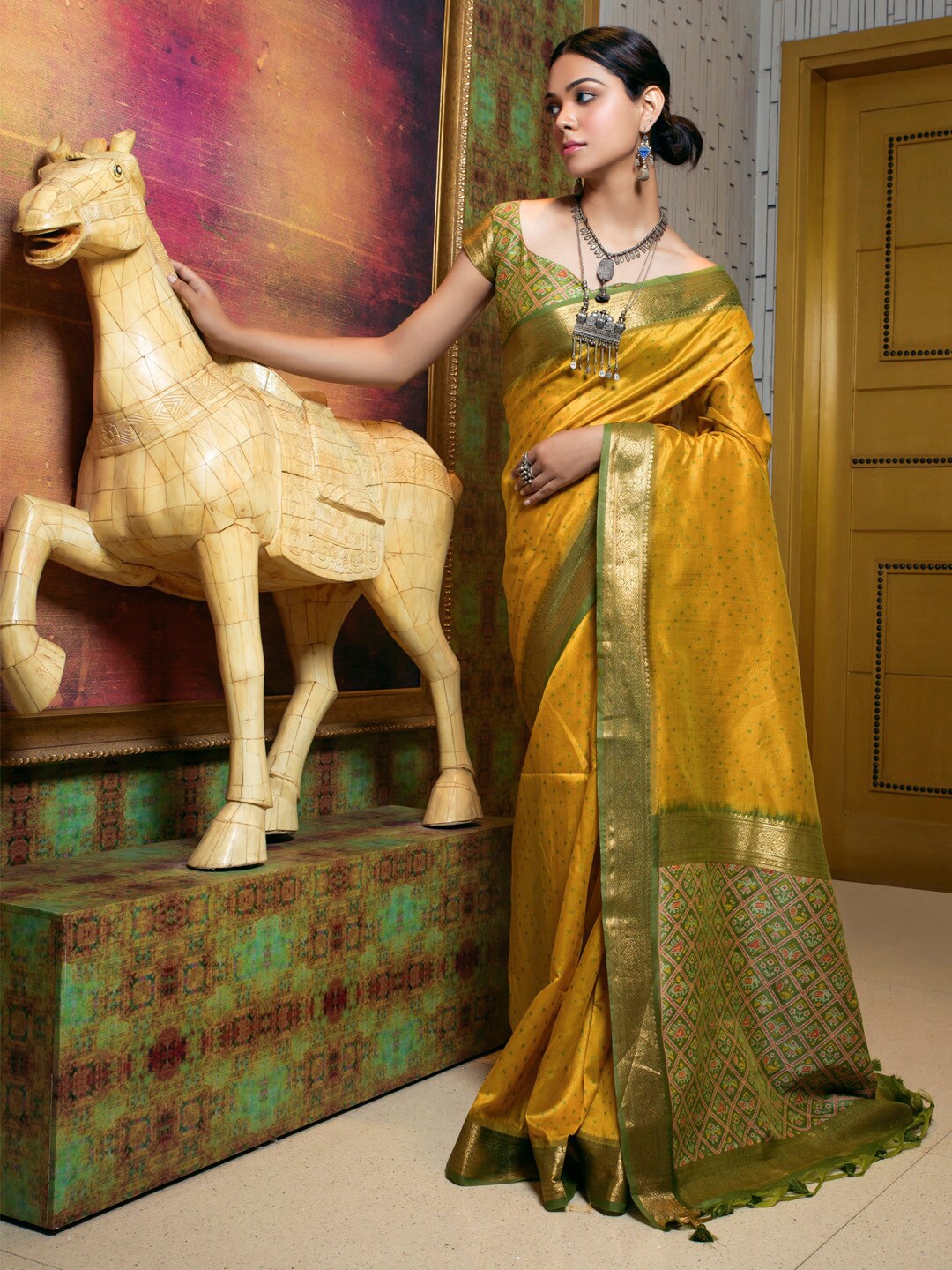 

Mitera Ethnic Motifs Designer Banarasi Saree, Mustard