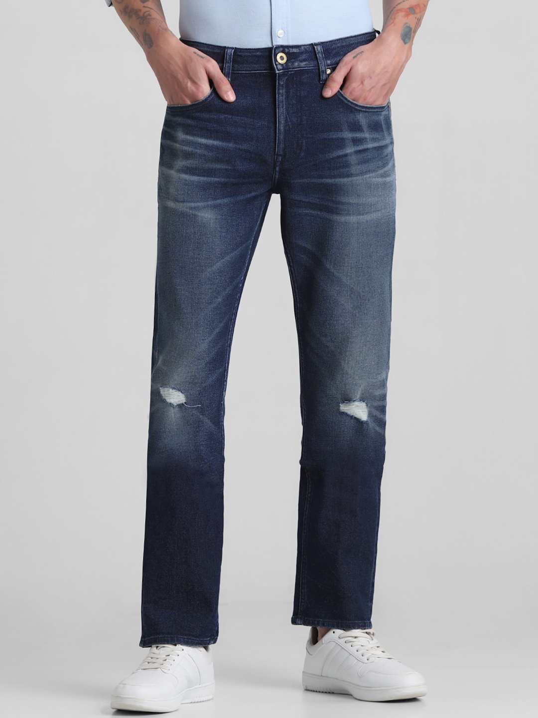 

Jack & Jones Men Clark Low Distress Heavy Fade Stretchable Jeans, Blue