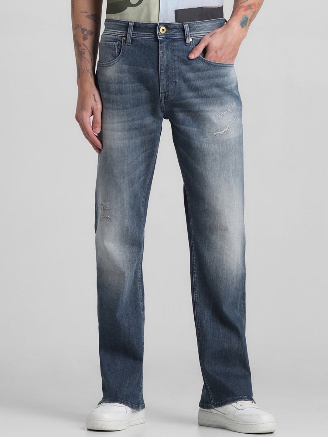 

Jack & Jones Men Bootcut High-Rise Low Distress Heavy Fade Stretchable Jeans, Grey