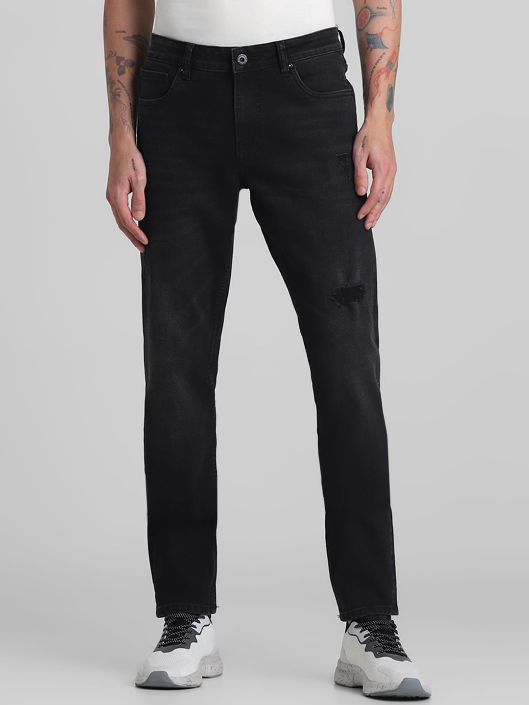 

Jack & Jones Men Slim Fit Low-Rise Low Distress Stretchable Jeans, Black