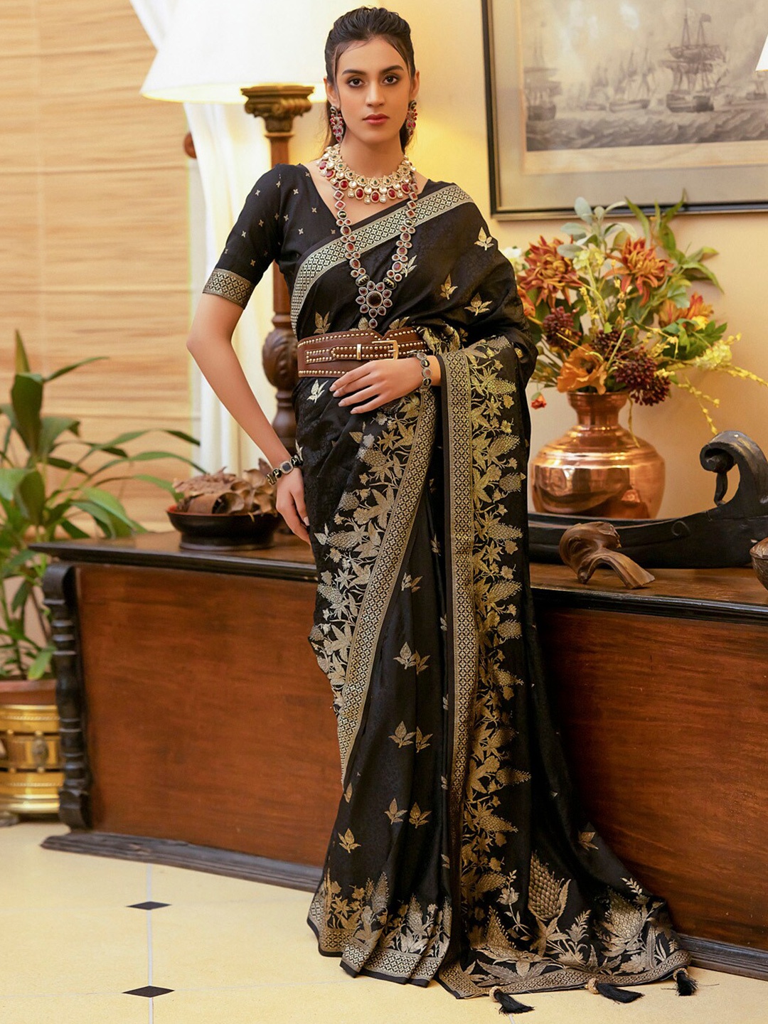 

Mitera Floral Woven Design Zari Satin Banarasi Saree, Black