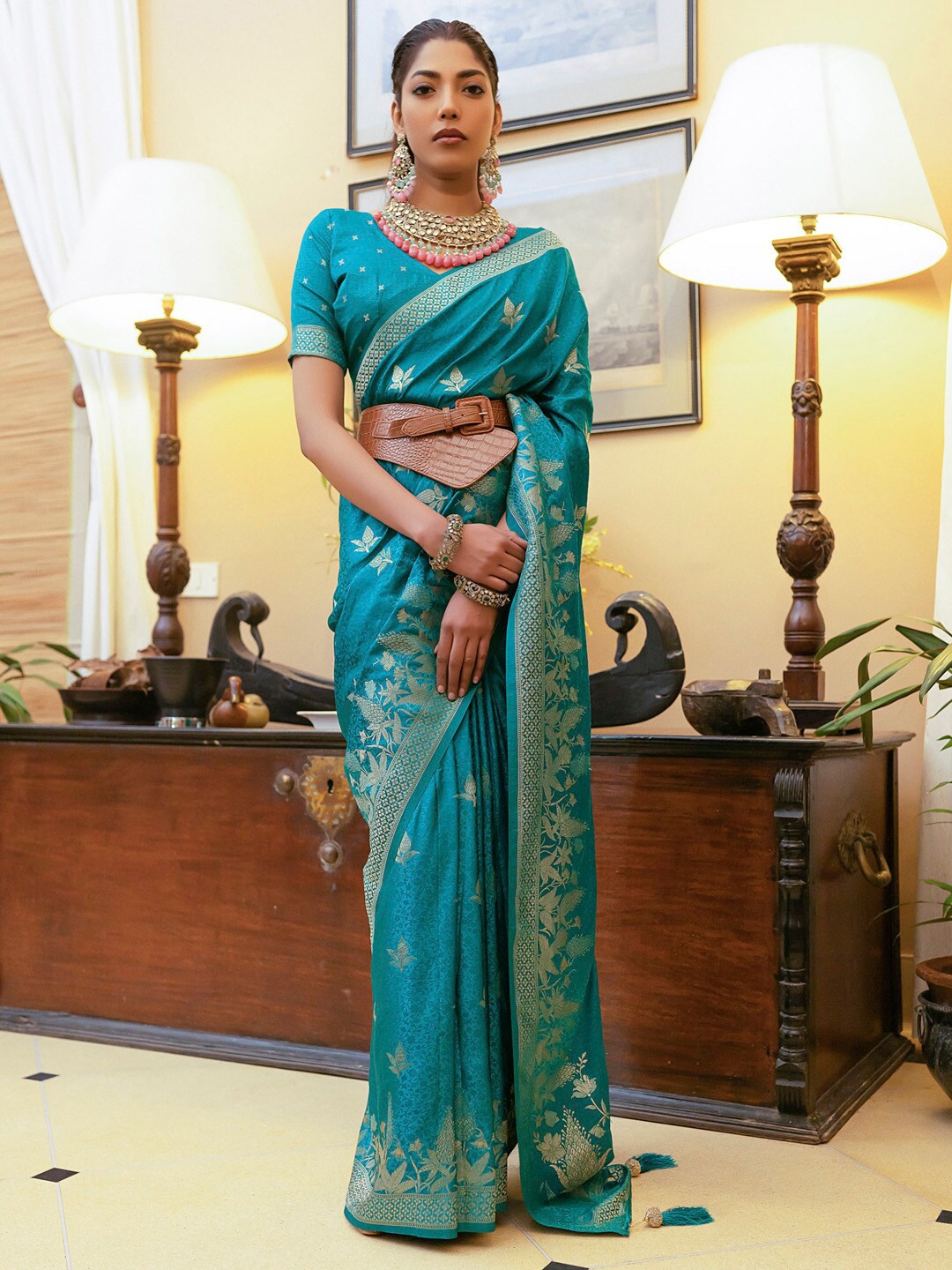 

Mitera Blue Ethnic Motifs Woven Design Zari Satin Banarasi Saree