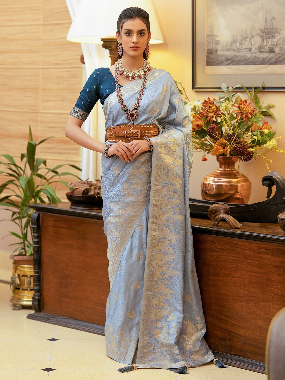 

Mitera Ethnic Motifs Woven Design Zari Satin Banarasi Saree, Grey