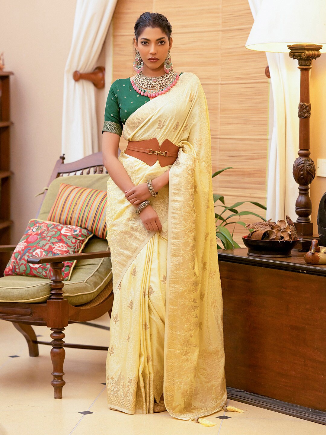 

Mitera Floral Woven Design Zari Satin Banarasi Saree, Yellow