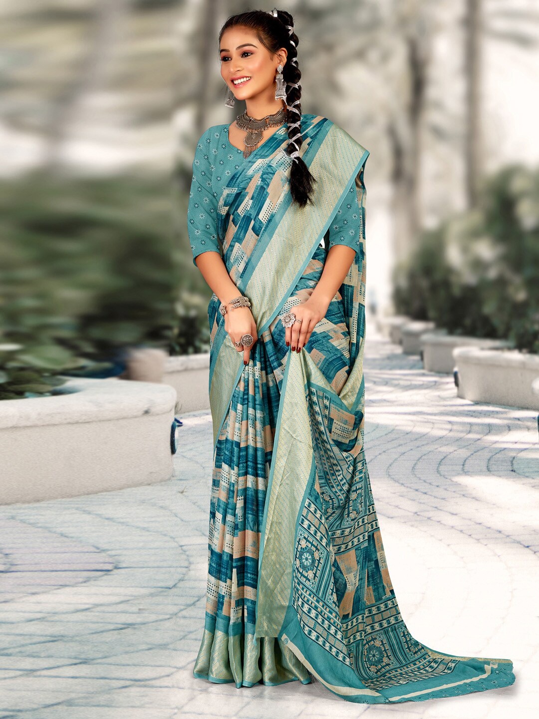 

Mitera Teal blue Geometric Printed Zari Pure Georgette Sungudi Saree