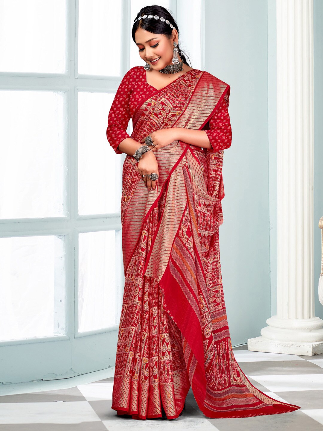 

Mitera Red Ethnic Motifs Printed Zari Pure Georgette Sungudi Saree