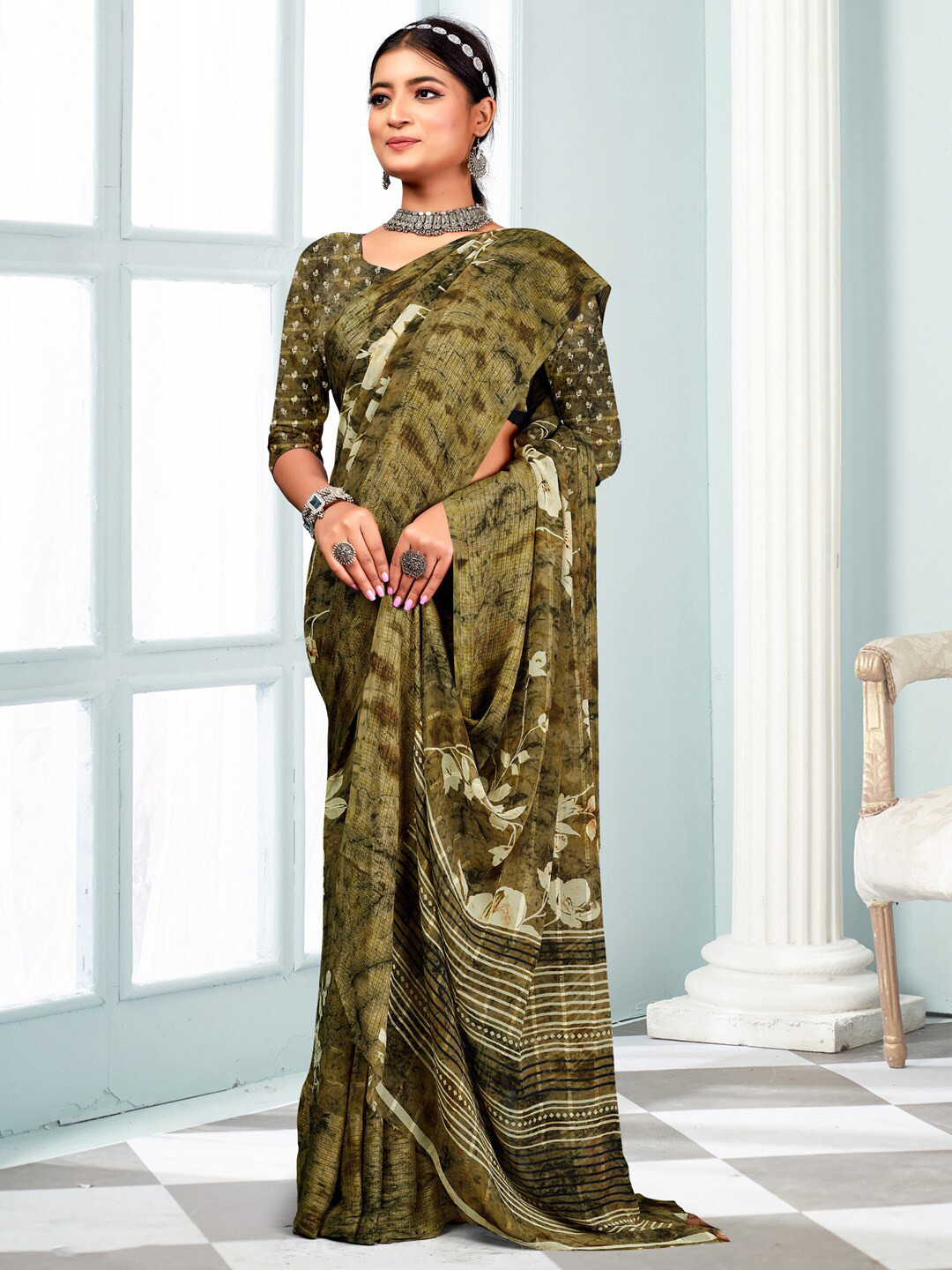 

Mitera Abstract Pure Chiffon Block Print Saree, Olive