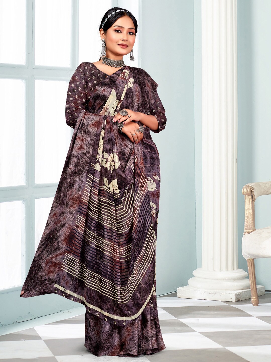 

Mitera Burgundy Floral Printed Pure Chiffon Saree
