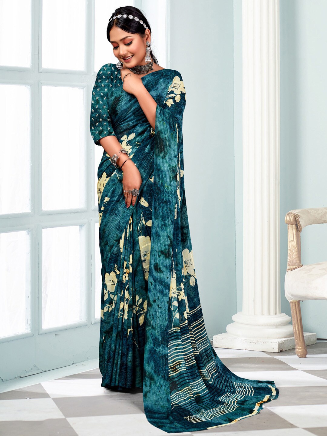 

Mitera Teal Green & Beige Floral Pure Chiffon Block Print Saree