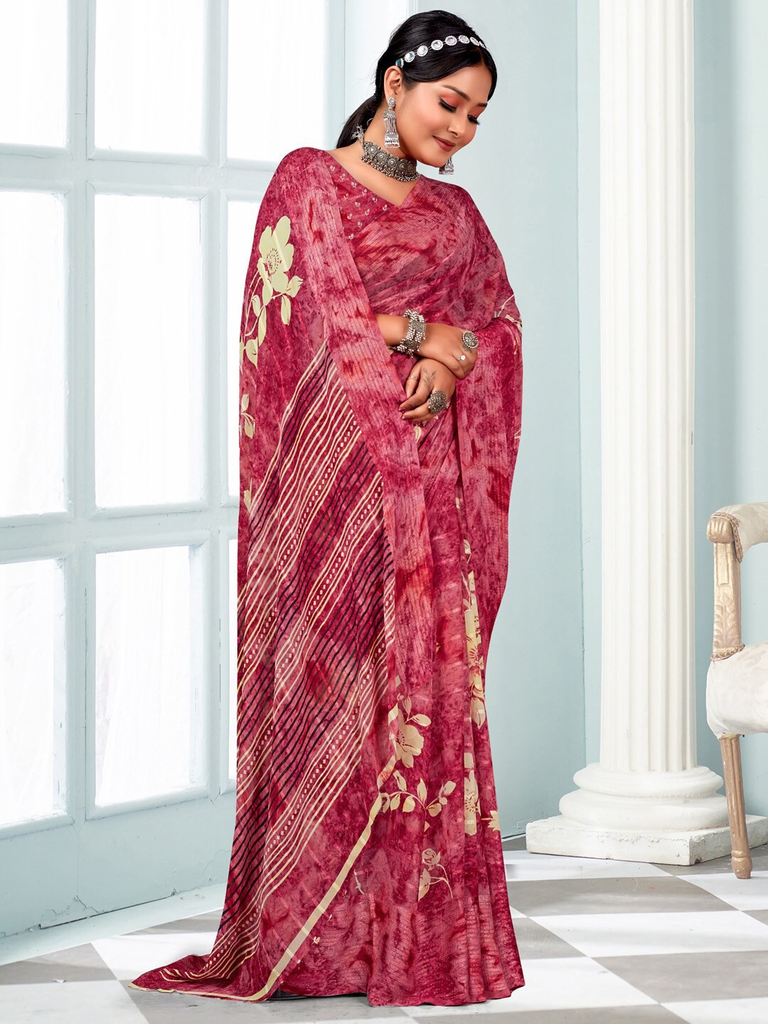 

Mitera Floral Printed Block Print Saree, Pink