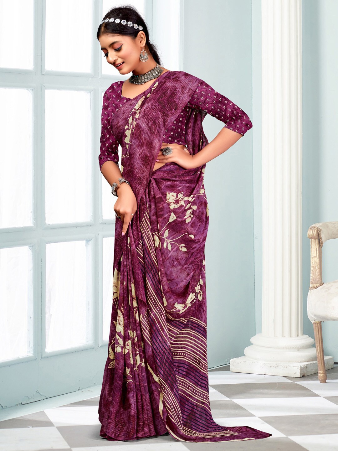 

Mitera Magenta & Beige Ethnic Motifs Pure Chiffon Block Print Saree