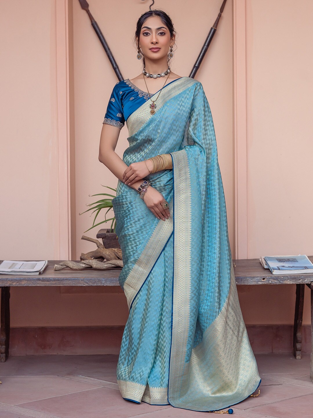 

Mitera Geometric Woven Design Zari Banarasi Saree, Blue