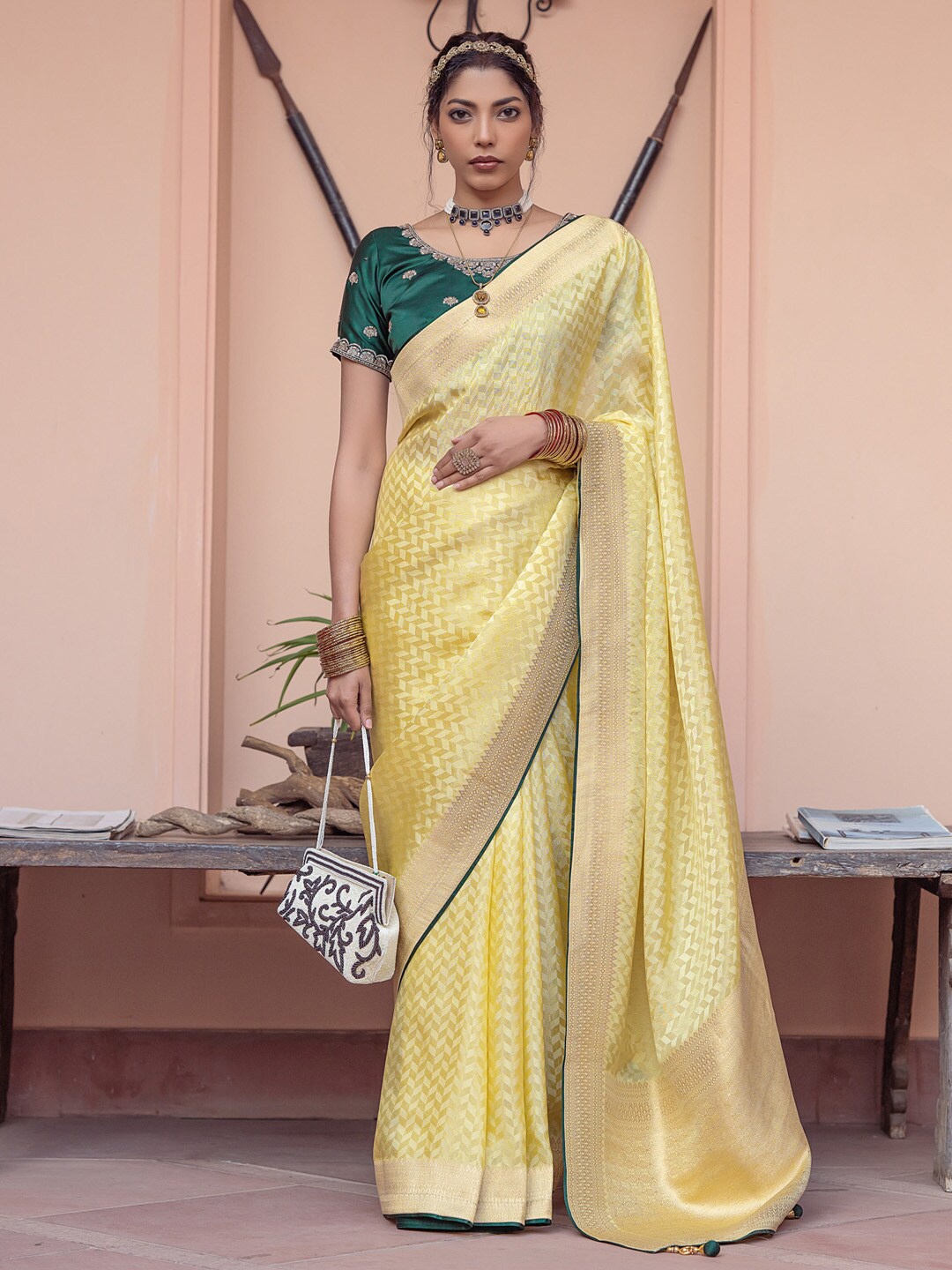 

Mitera Geometric Woven Design Zari Banarasi Saree, Yellow