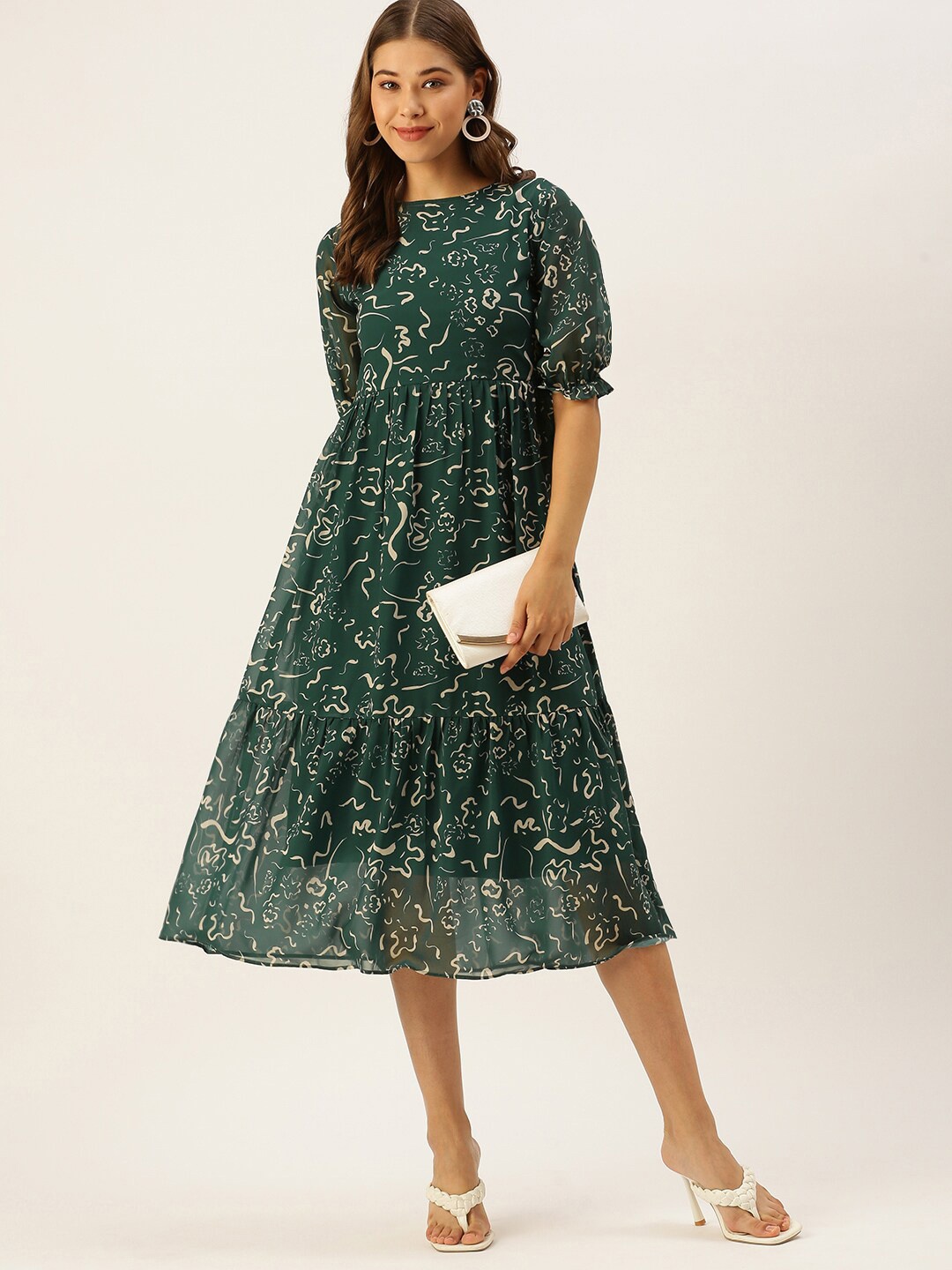 

MELOSO Abstract Print Boat Neck Georgette Fit & Flare Midi Dress, Green