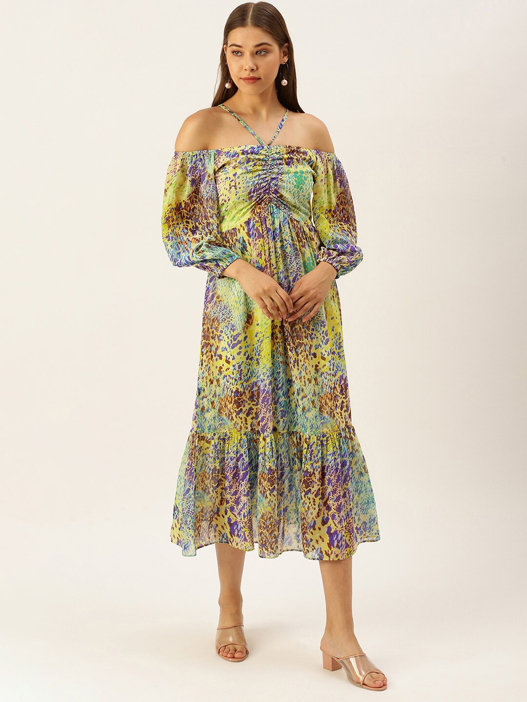 

MELOSO Abstract Print Off-Shoulder Puff Sleeve Georgette Fit & Flare Dress, Yellow
