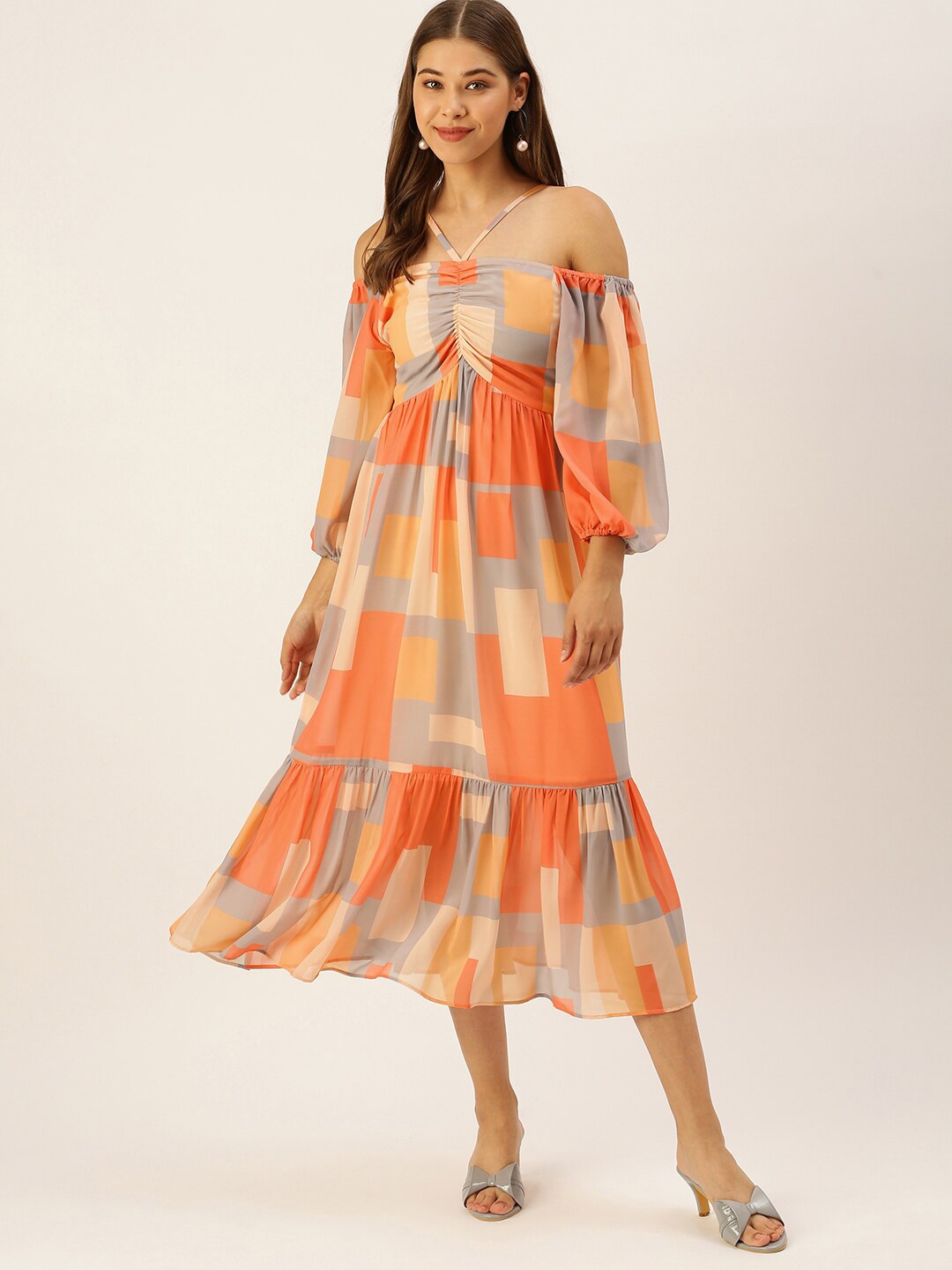 

MELOSO Geometric Printed Off Shoulder Puff Sleeve Georgette Fit & Flare Dress, Peach