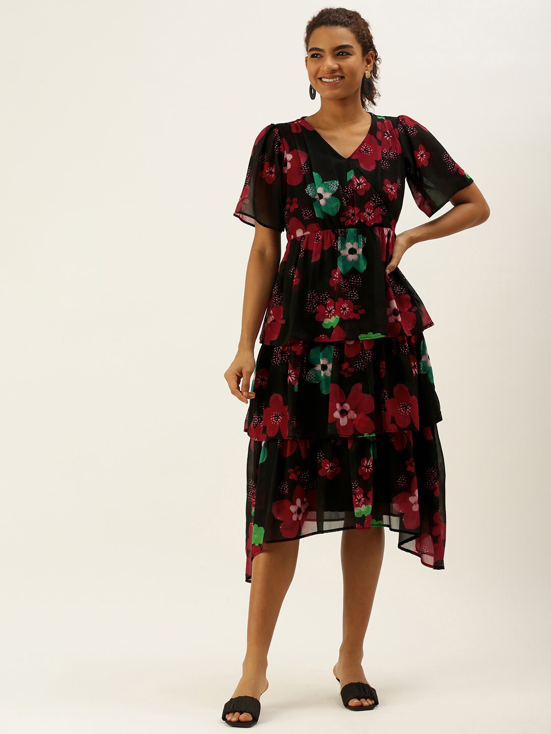

MELOSO Floral Print V-Neck Flared Sleeve Layered Georgette A-Line Midi Dress, Black