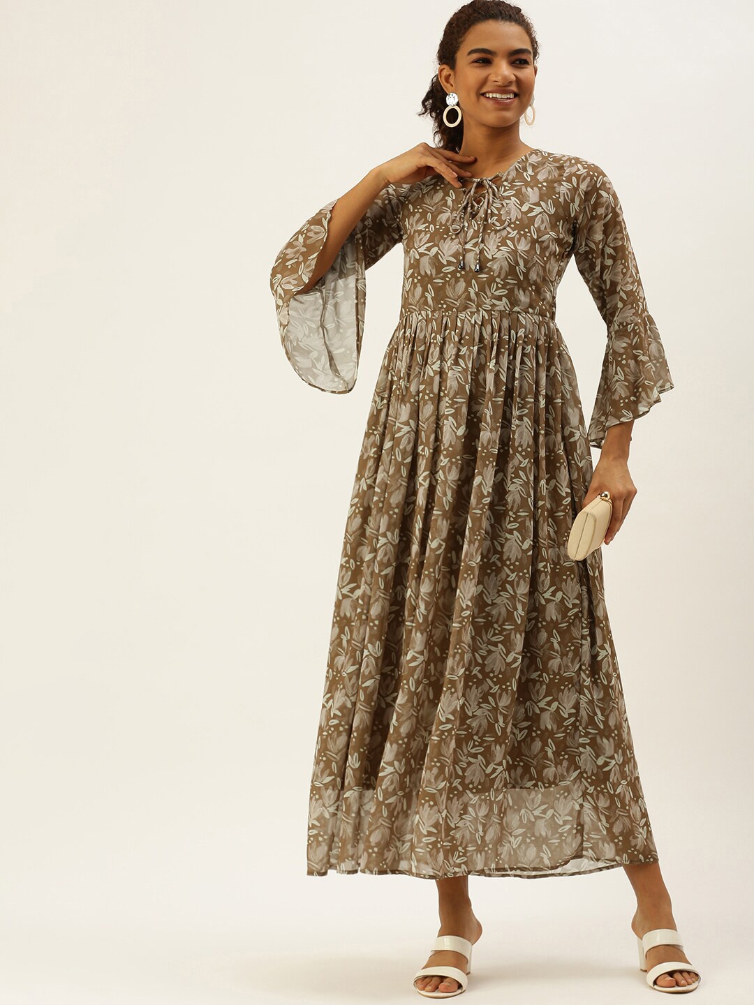 

MELOSO Floral Print Tie-Up Neck Bell Sleeve Georgette Fit & Flare Dress, Bronze