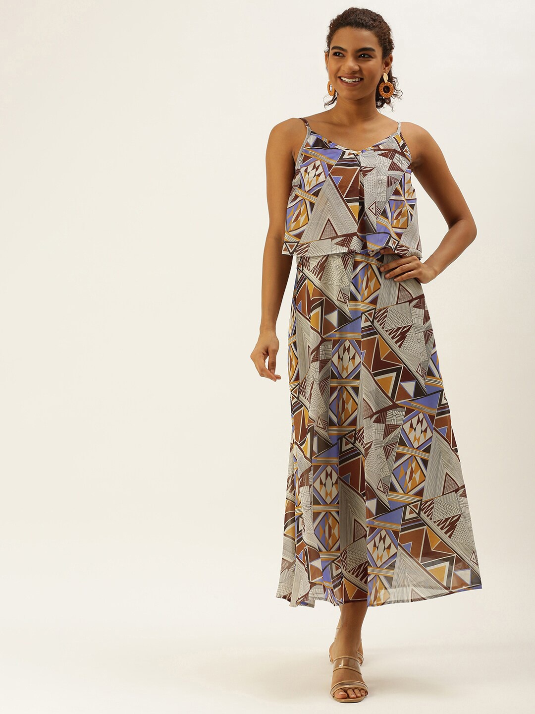 

MELOSO Geometric Print Shoulder Strap Layered Georgette A-Line Midi Dress, Cream