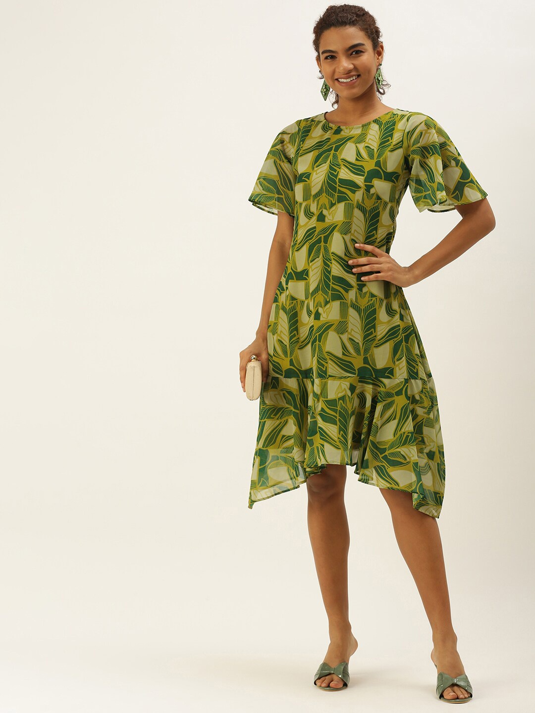

MELOSO Tropical Print Flared Sleeve Georgette A-Line Dress, Lime green