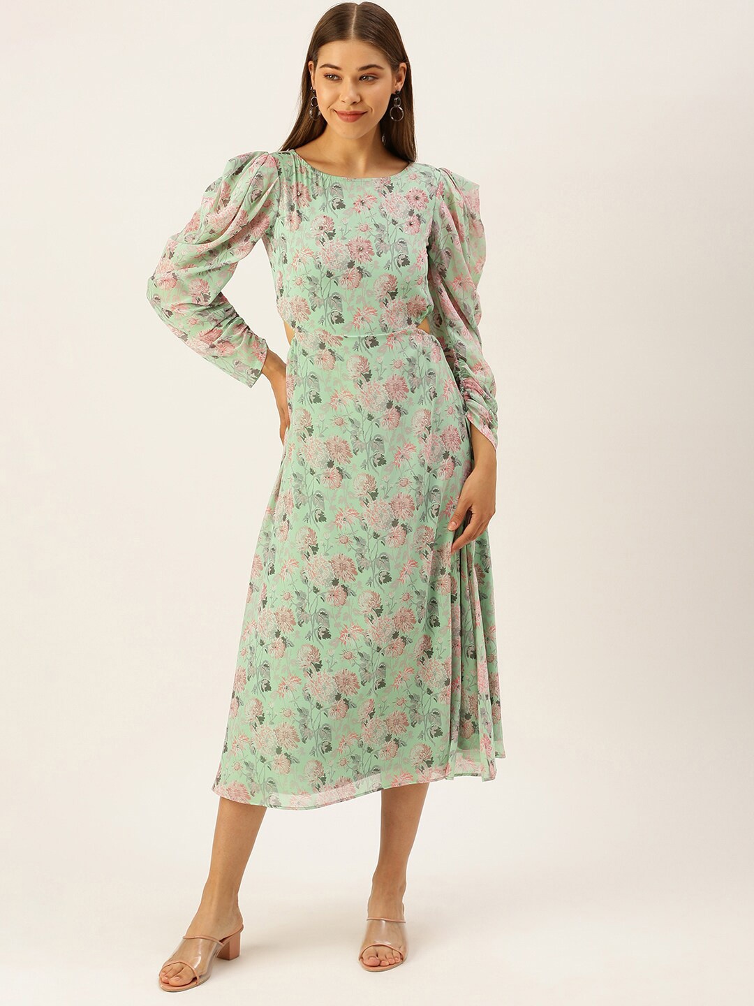 

MELOSO Floral Print Flared Sleeve Georgette A Line Dress, Sea green