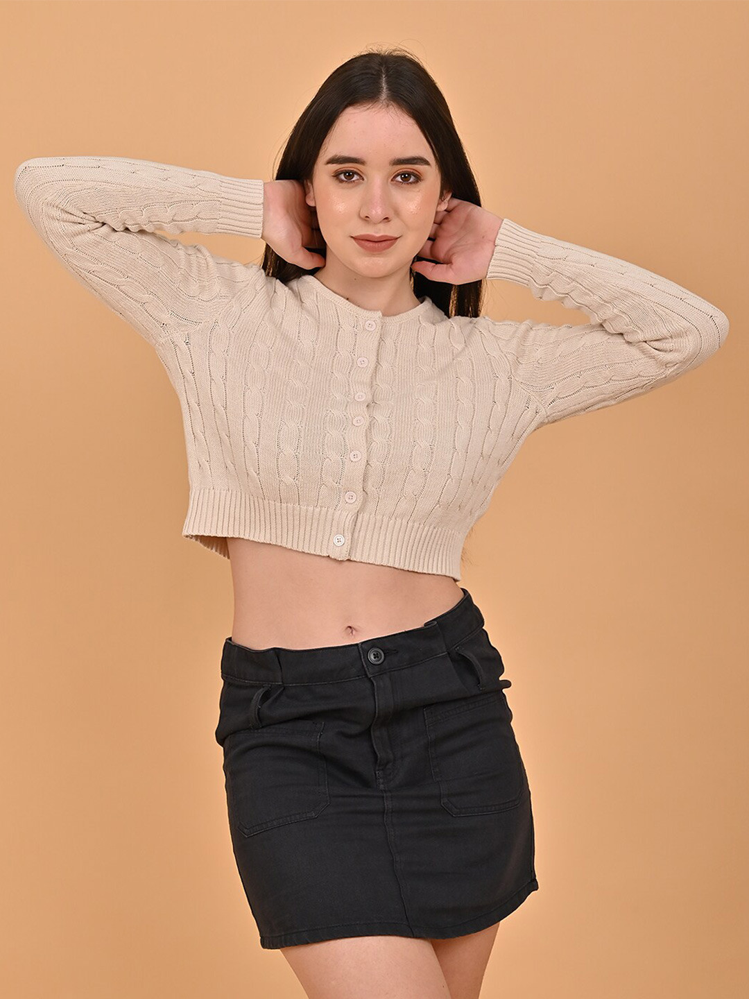 

NoBarr Cable Knit Self Design Cotton Crop Cardigan Sweater, White