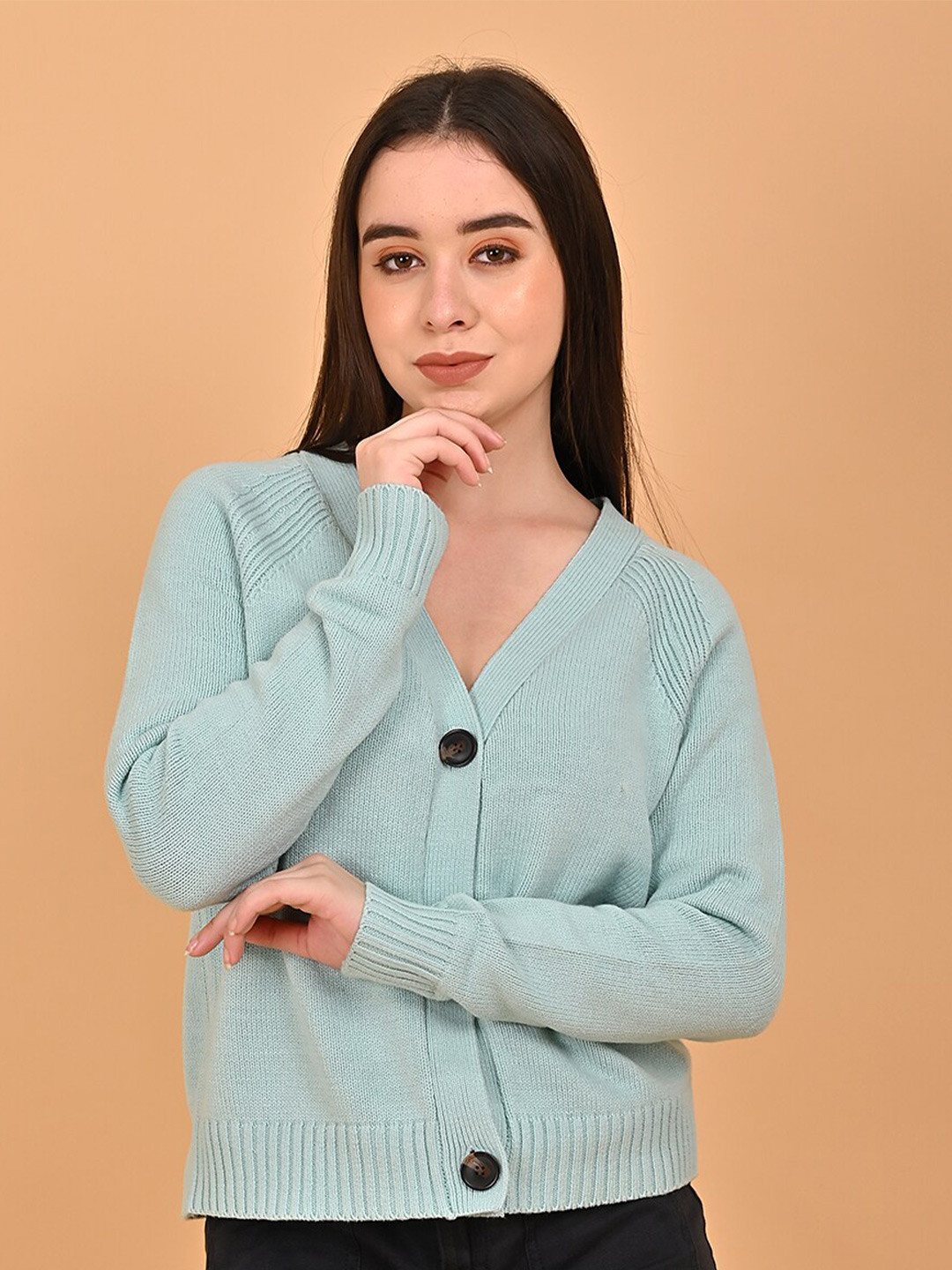 

NoBarr Cable Knit Self Design Acrylic Crop Cardigan Sweater, Blue