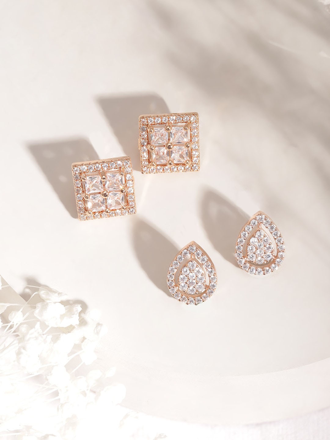 

Rubans Set of 2 Rose Gold Plated American Diamond Studded Stud Earrings
