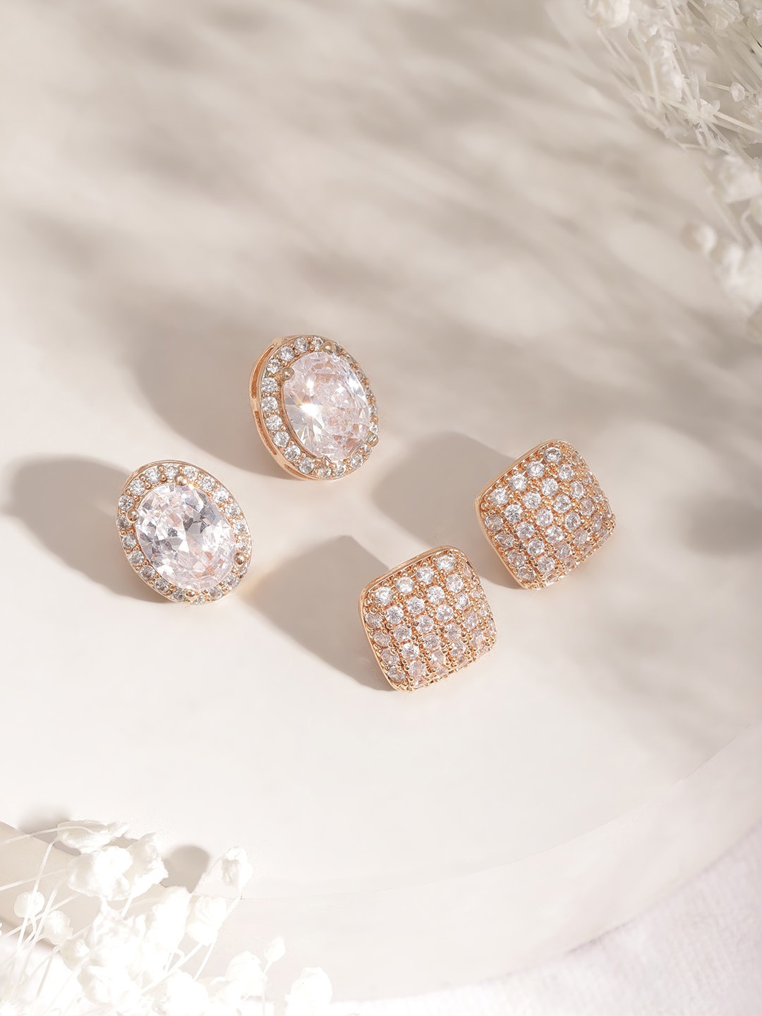

Rubans Set of 2 18KT Gold Plated Cubic Zirconia Studded Stud Earrings