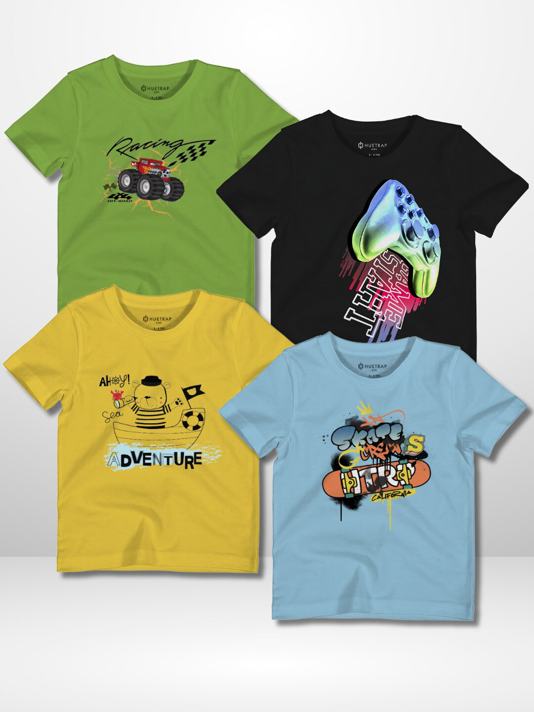 

Huetrap Boys Pack Of 4 Graphic Printed Cotton Round Neck Applique Casual T-shirts, Green