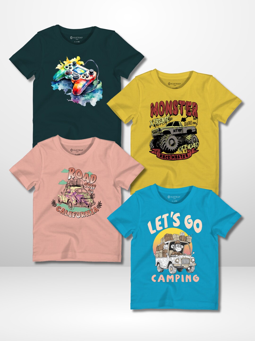 

Huetrap Boys Pack Of 4 Graphic Printed Cotton Round Neck Applique Casual T-shirts, Teal