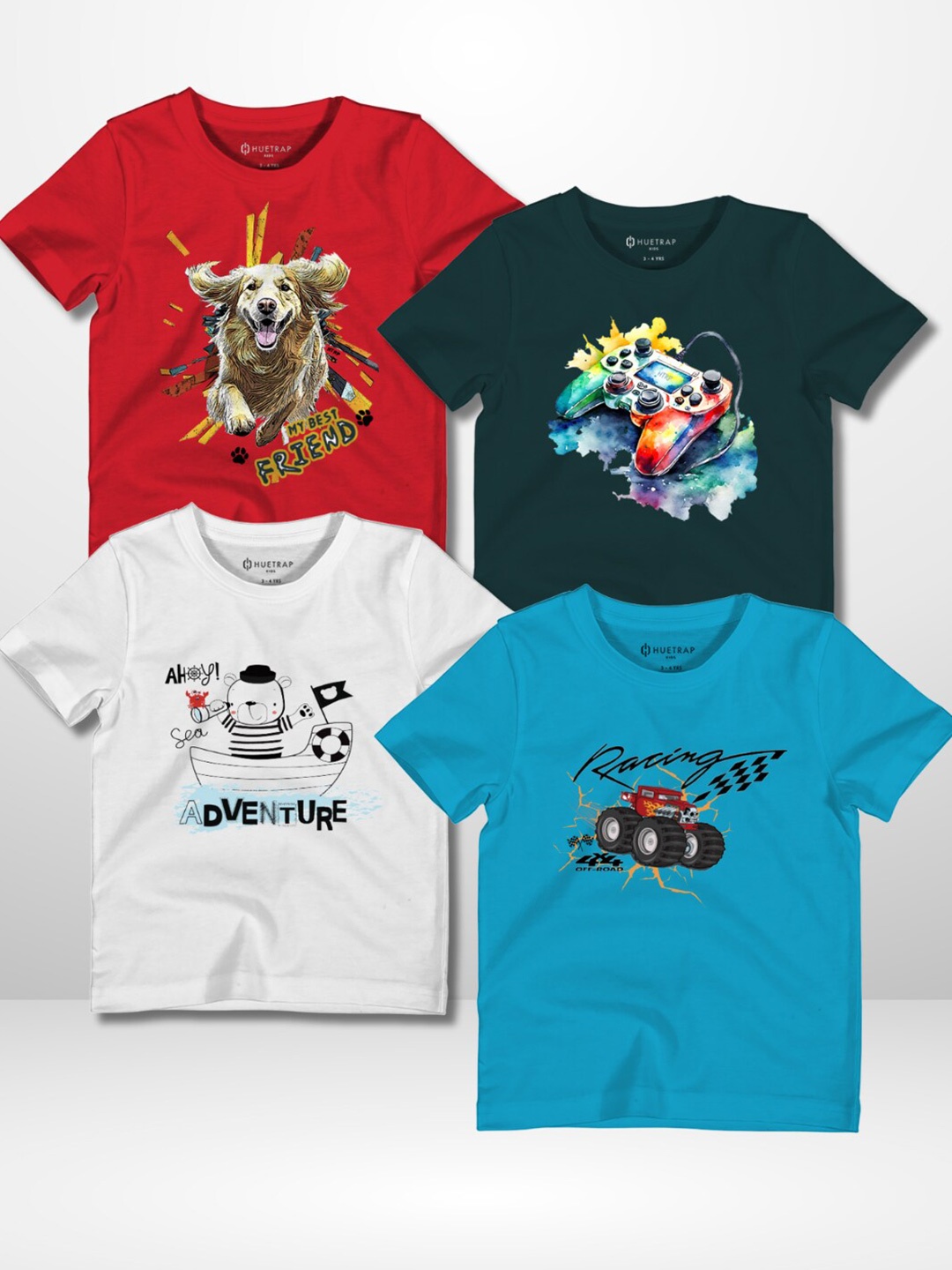 

Huetrap Boys Pack Of 4 Graphic Printed Applique T-shirt, Red