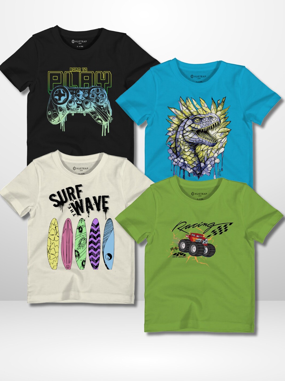 

Huetrap Boys Pack Of 4 Graphic Printed Cotton Round Neck Applique Casual T-shirts, Black